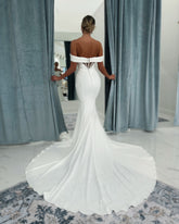 Beautiful White Mermaid Strapless Off-The-Shoulder Simple Long Satin Wedding Dress